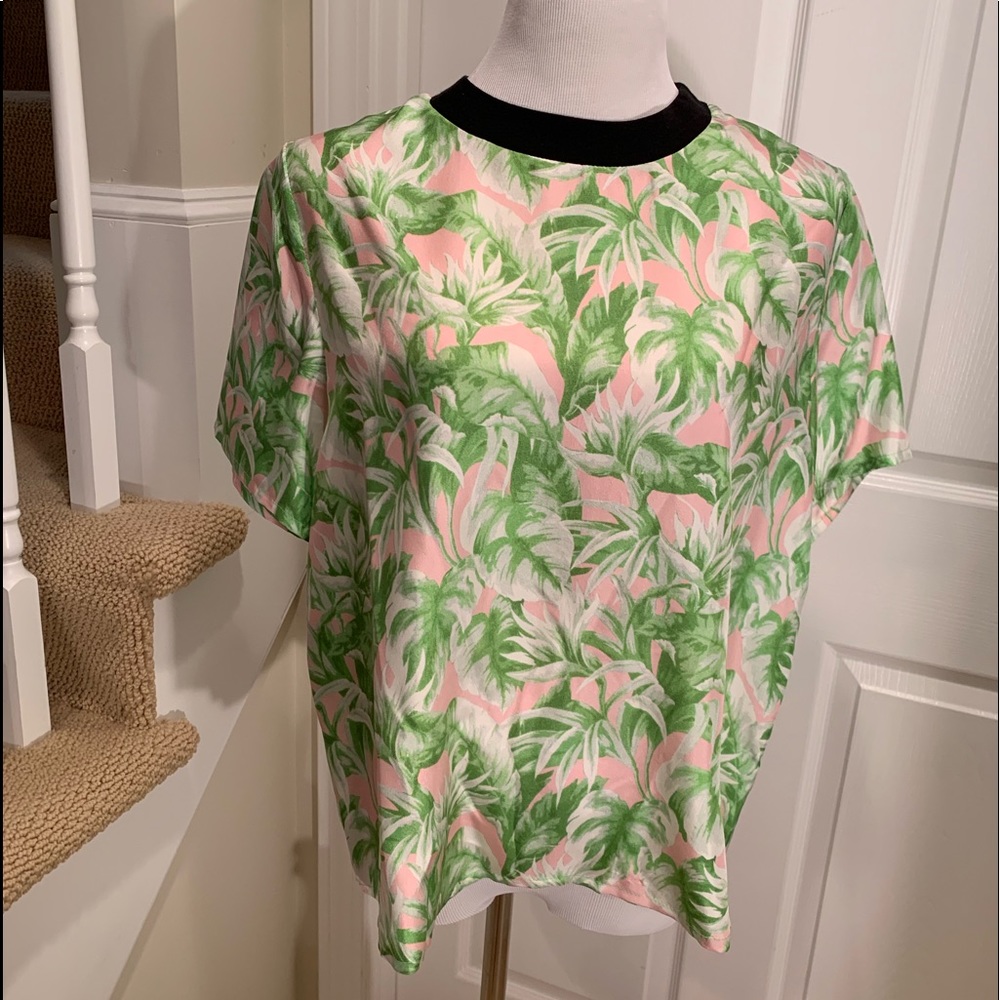 Silk top. Green pink palm leave print. Like new